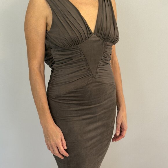 bebe Taupe Gray Faux Suede Ruched Bodycon Dress XS - Picture 1 of 6
